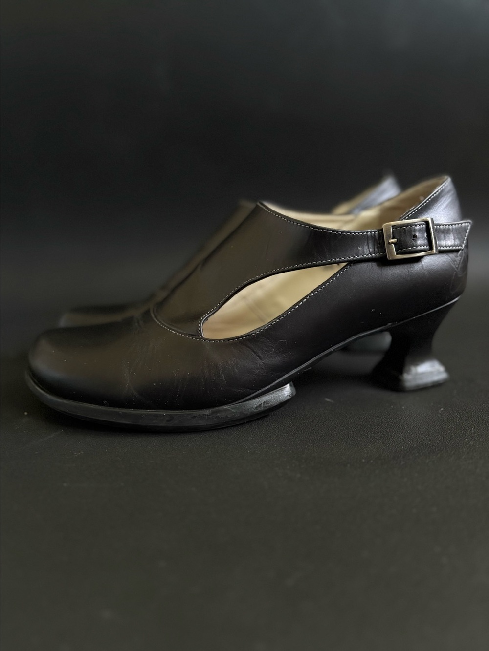John Fluevog Gracias Wearever Black Leather Buckle Cutout Heels 8